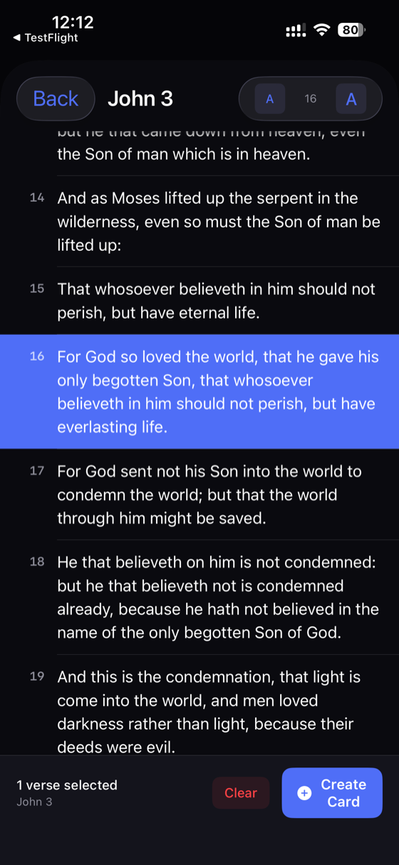 The Korrvox Bible reader showing John chapter 3 with verse 16 selected and a Create Card button.
