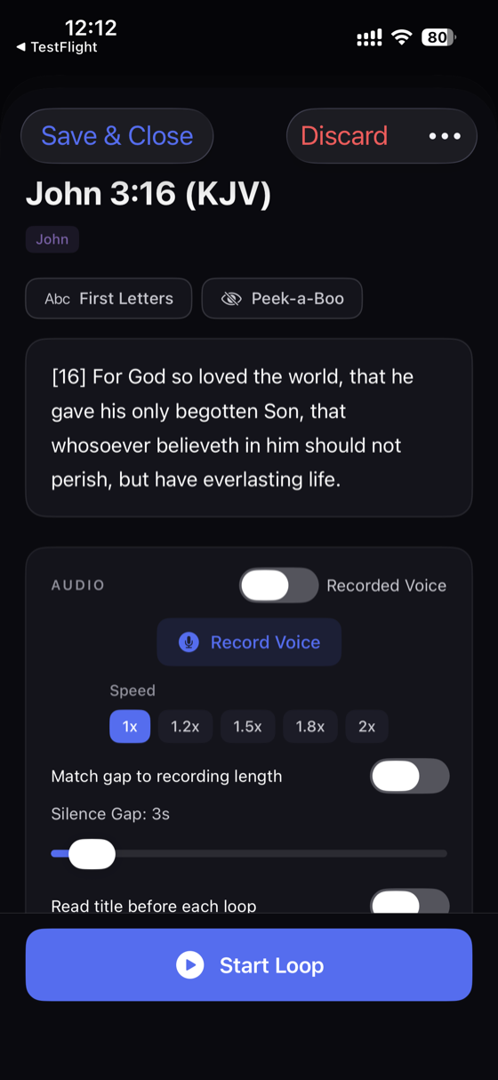 A Korrvox memory card for John 3:16 with voice recording, playback speed, and silence gap controls.