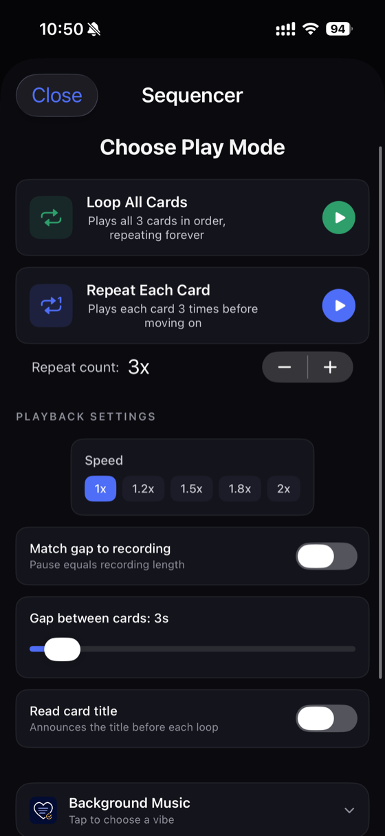 The Korrvox sequencer with Loop All Cards and Repeat Each Card play modes plus playback settings.